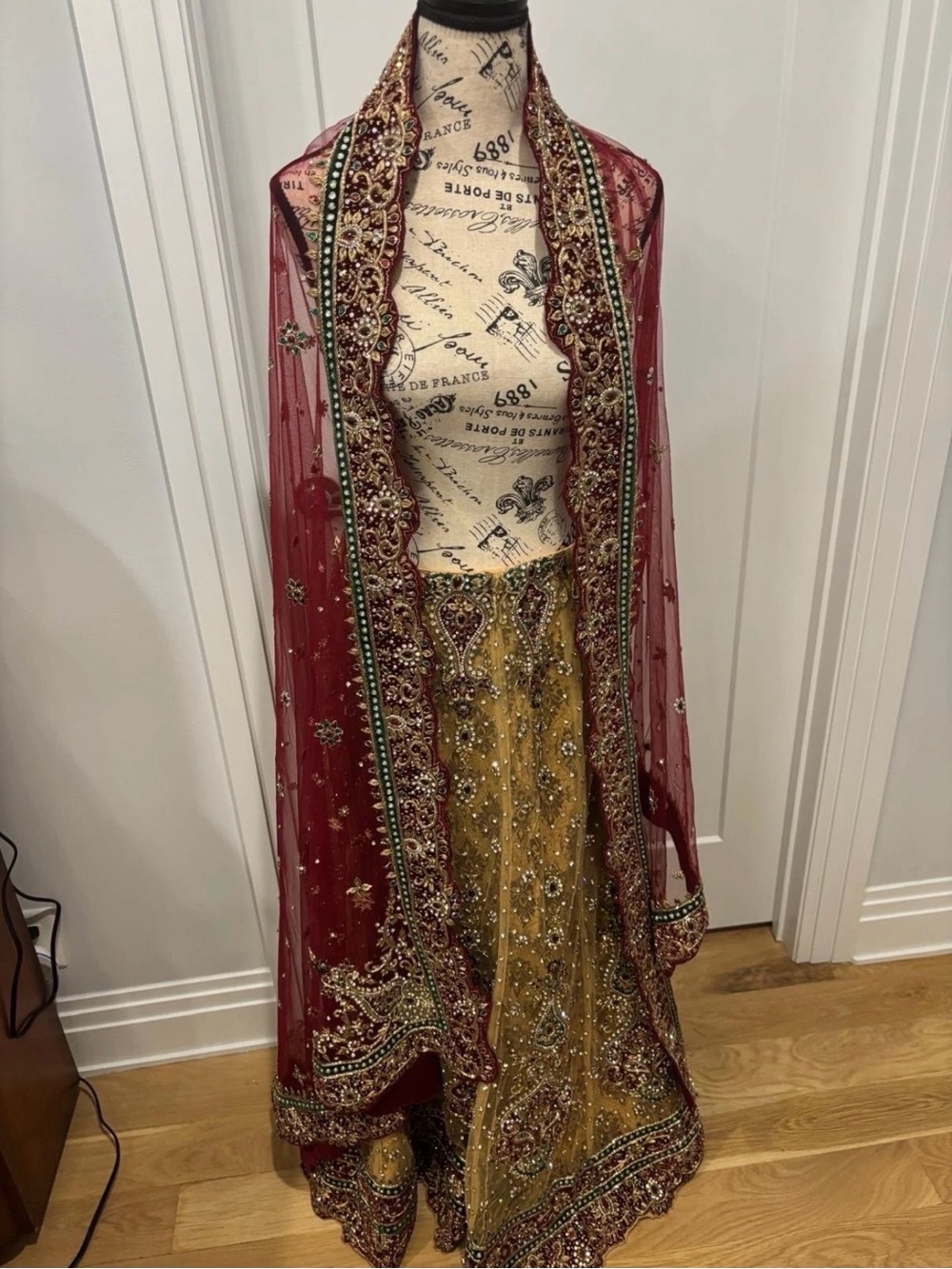 Maroon and Gold Embellished Maxi Skirt with Matching Dupatta .
